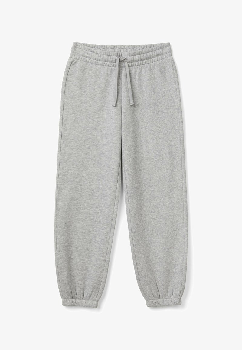 Jasnoszare spodnie dresowe wykonane z miękkiego, elastycznego materiału. Posiadają elastyczny pasek w talii ze sznurkiem do regulacji oraz dopasowane ściągacze na kostkach.