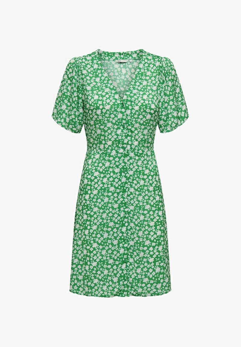 Abito floreale verde con maniche corte, scollatura a V e chiusura frontale con bottoni. Realizzato in tessuto leggero con un motivo di fiori bianchi.