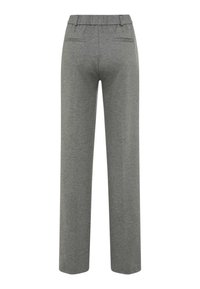 Pantaloni in misto lana grigi con taglio dritto, elastico in vita e due tasche posteriori. Texture morbida con una finitura liscia.