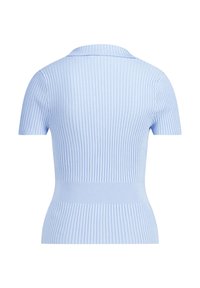 Ribbed light blue short-sleeve top with a polo collar, featuring a fitted waist and textured fabric. Back view shows seam details.
