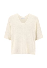 Kurzarmpullover mit V-Ausschnitt in einem hellen Cremeton, aus strukturiertem Strickstoff gefertigt, mit lockerer Passform und subtilen Rippdetails am Saum.