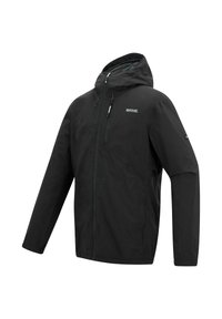 Black hooded outdoor jacket with full front zipper, zippered chest pocket, and Regatta Great Outdoors logo on chest and sleeve.