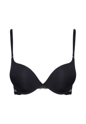 Black padded bra featuring smooth fabric, underwire support, adjustable straps, and lace detailing on the back for added texture.