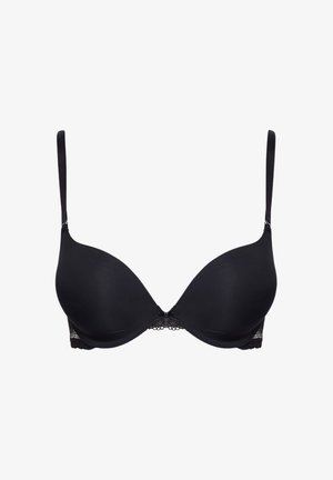 Czarny biustonosz z wyściółką, wykonany z gładkiego materiału, z fiszbinami, regulowanymi ramiączkami oraz koronkowymi detalami na plecach, które dodają tekstury.