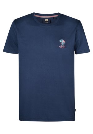 Navy blue cotton t-shirt with short sleeves. Features a palm tree graphic with a sunset and brand text at the chest. Standard crew neckline.