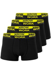 Boxer neri con elastici gialli in vita con la parola "WORK" stampata ripetutamente. Quattro paia impilate. Materiale di cotone morbido.