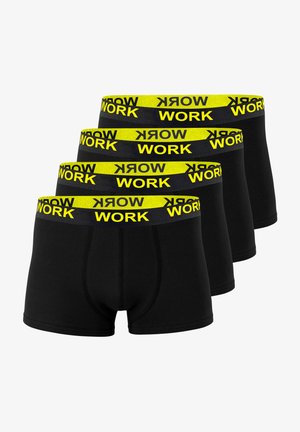 Schwarze Boxershorts mit gelben elastischen Bundbändern, auf denen mehrmals das Wort "WORK" gedruckt ist. Vier Paar übereinander gestapelt. Weiches Baumwollmaterial.