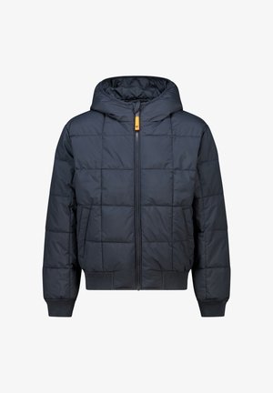 Gesteppte, mit Kapuze versehene Jacke in Dunkelblau. Verfügt über einen Frontreißverschluss, Seitentaschen und gerippte Bündchen. Aus gepolstertem Material für Wärme gefertigt.