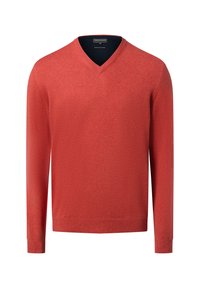 V-Ausschnitt Pullover in meliertem Rotstrick. Lange Ärmel mit gerippten Bündchen und Saum. Leichter Stoff mit glatter Textur. Minimalistisches Design.