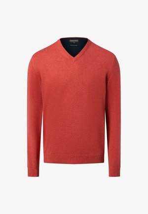 V-Ausschnitt Pullover in meliertem Rotstrick. Lange Ärmel mit gerippten Bündchen und Saum. Leichter Stoff mit glatter Textur. Minimalistisches Design.