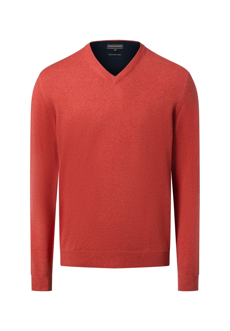 V-Ausschnitt Pullover in meliertem Rotstrick. Lange Ärmel mit gerippten Bündchen und Saum. Leichter Stoff mit glatter Textur. Minimalistisches Design.