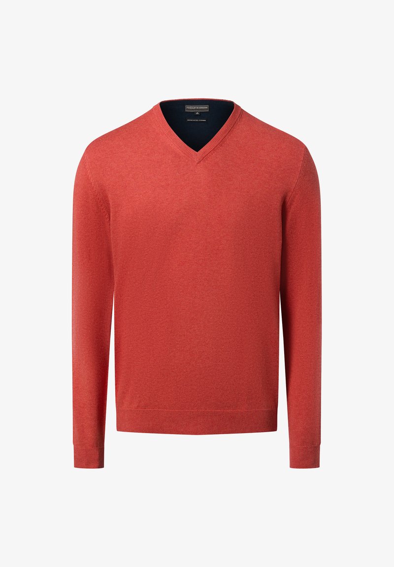 V-Ausschnitt Pullover in meliertem Rotstrick. Lange Ärmel mit gerippten Bündchen und Saum. Leichter Stoff mit glatter Textur. Minimalistisches Design.