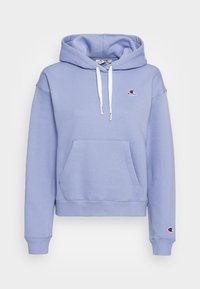Light purple hoodie with a front pocket, drawstring hood, and ribbed cuffs. Features a small logo on the chest. Soft cotton material.