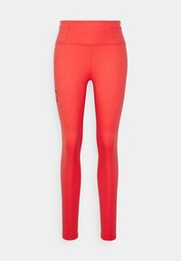 Czerwone legginsy z wysokim stanem, wykonane z elastycznego materiału, charakteryzujące się gładką teksturą oraz małym logo na lewym udzie.