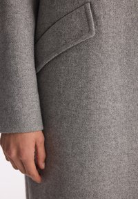 Zbliżenie na dłoń obok mankietu i klapy kieszeni szarego wełnianego płaszcza, podkreślające teksturę materiału i detale odzieży.