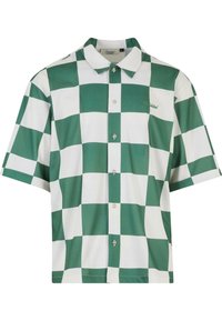 Camicia a maniche corte con colletto caratterizzata da un motivo a scacchi verde e bianco, chiusura con bottoni e tessuto leggero.