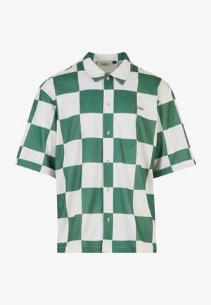 Kortærmet skjorte med krave i grøn og hvid ternet mønster, knaplukning foran og let stof.