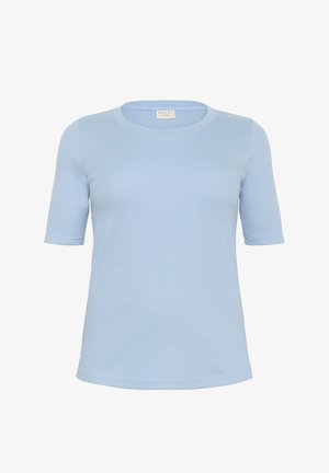 Tricou scurt cu mâneci scurte, de culoare albastru deschis, cu guler rotund. Fabricat dintr-un material neted, cu un design ajustat. Fără modele sau accente vizibile.