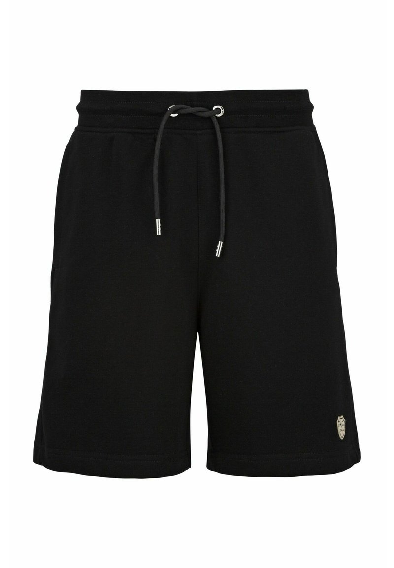 Zwarte katoenen shorts met een elastische tailleband, verstelbaar trekkoord en zilveren hardwareaccenten. Beschikt over een klein logo-opdruk aan de linkerkant.