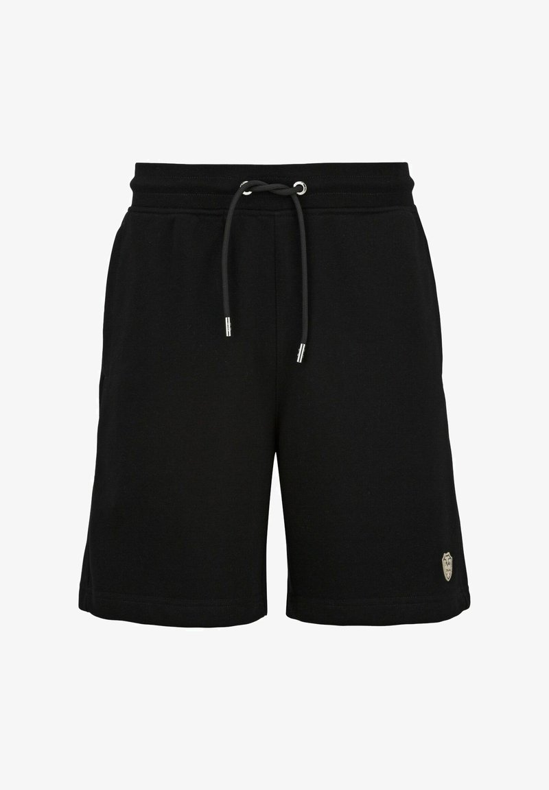 Zwarte katoenen shorts met een elastische tailleband, verstelbaar trekkoord en zilveren hardwareaccenten. Beschikt over een klein logo-opdruk aan de linkerkant.