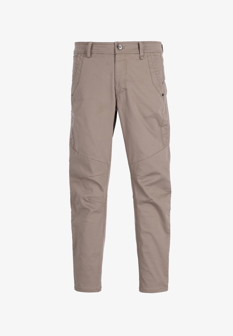 Pantalones hechos de una tela ligera color beige con un corte regular, que cuentan con bolsillos, detalles cosidos y refuerzos en las rodillas para mayor durabilidad.