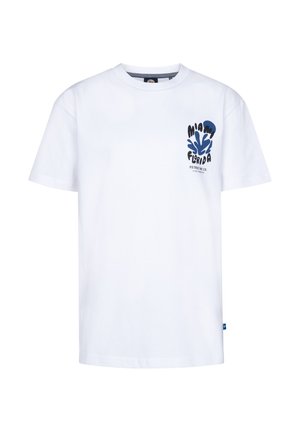 T-shirt bianco in cotone a maniche corte con una grafica blu che riporta la scritta "Miami Florida" e un design di spruzzi d'acqua sul davanti.