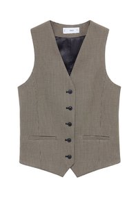 Chaleco sin mangas en un patrón de pata de gallo negro y beige, que presenta cinco botones negros, dos bolsillos laterales y un forro interior suave.