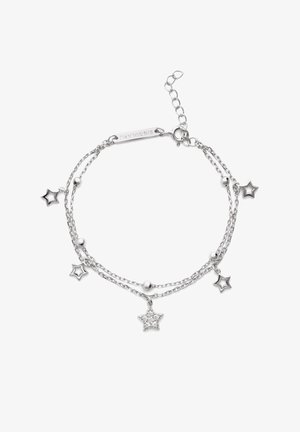 Silberkette-Armband mit sternförmigen Anhängern und runden Perlen, mit einem funkelnden Sternanhänger und einem verstellbaren Verschluss.