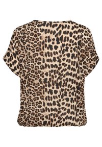 Haut à manches courtes en imprimé léopard avec une coupe décontractée. Présente un fond beige clair avec des taches marron foncé et noires. Tissu doux et texturé.