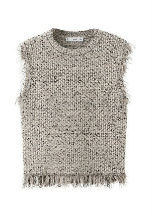 Top senza maniche in maglia con motivo beige e nero punteggiato, con bordi frangiati lungo le aperture delle maniche e l'orlo.