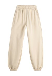 Beżowe dresy z elastycznym pasem, bocznymi kieszeniami i elastycznymi ściągaczami, zaprojektowane do codziennego noszenia.