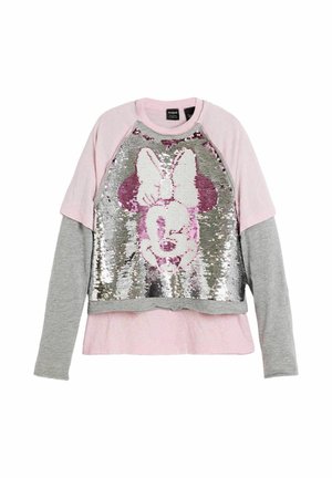 Langarmig roze en grijs meisjesshirt met omkeerbare zilveren pailletten die aan de voorkant een Minnie Mouse-gezicht met strik vormen.