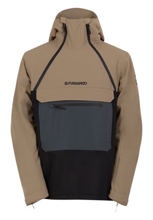 Beige und schwarze Halbreißverschlussjacke aus wasserabweisendem Material, mit einer großen Brusttasche, verstellbarem Kapuze und minimalem Branding.