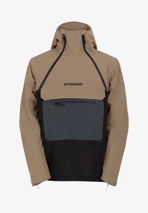 Beige und schwarze Halbreißverschlussjacke aus wasserabweisendem Material, mit einer großen Brusttasche, verstellbarem Kapuze und minimalem Branding.