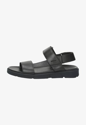 Sandalha preta de couro com duas tiras largas, uma palmilha acolchoada e uma sola de borracha com superfície texturizada. Inclui uma tira de trás ajustável.