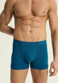 Bokserki w kolorze teal wykonane z miękkiej, elastycznej tkaniny. Posiadają gładki pas i dopasowany krój, który podkreśla sylwetkę.