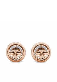 Cufflinks rotondi in oro rosa con un design a ruota, caratterizzati da accenti lisci e lucidi e un dettagliato perno centrale prominente.