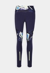 Leggings navy avec un design extensible à motifs. Présente des accents géométriques en bleu et vert, avec des bandes réfléchissantes aux chevilles.