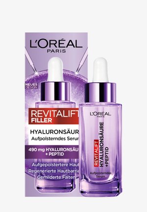 Serum z kwasem hialuronowym L'Oréal Revitalift Filler z peptydem w przezroczystej, fioletowej butelce z zakraplaczem obok dopasowanego pudełka.
