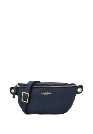 Marineblå læder talje taske med guldfarvet lynlås, justerbar rem og "Gusti Leder studio" logo i guldfarvet skrift på forsiden.