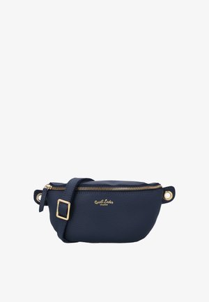 Tumesinise värvusega nahast vöökott kuldse luku, reguleeritava rihma ja kuldsete tähtedega "Gusti Leder studio" logoga ees.