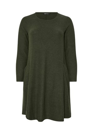 Olive green dress made of soft fabric, featuring a round neckline, long sleeves, and side pockets with a flared skirt design.