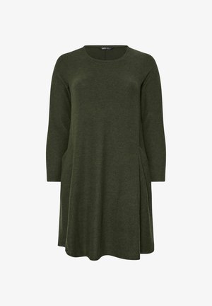 Olive green dress made of soft fabric, featuring a round neckline, long sleeves, and side pockets with a flared skirt design.