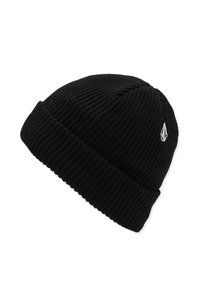 Bonnet en tricot noir avec une texture côtelée et un revers replié. Présente un petit logo blanc sur le côté. Idéal pour les temps froids.