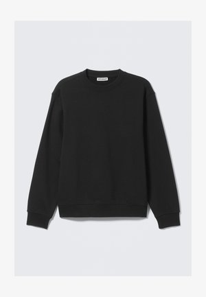 Black crewneck sweatshirt with long sleeves and ribbed cuffs and hem, labeled "WEEKDAY" on the inside collar.