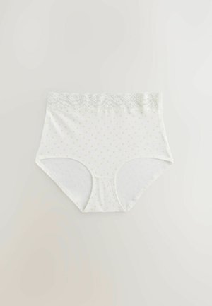 Mutande di cotone bianche a vita alta con pois arancioni chiari, dotate di un elegante elastico in pizzo e una texture liscia.