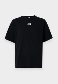 Black short-sleeve t-shirt made of cotton, featuring a white logo of "The North Face" on the chest, classic crew neck design.