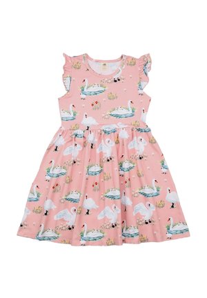 Rotes Baumwollkleid mit Schwan- und Blumenmustern, Rüschensäumen und ausgestellt geschnittenem Rock. Weicher Stoff und knielanger Schnitt.