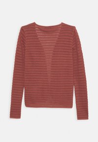 Rød langærmet top i en struktureret strik med vandrette striber. Har en dyb V-hals og tætsiddende pasform. Letvægtsmateriale, afslappet stil.