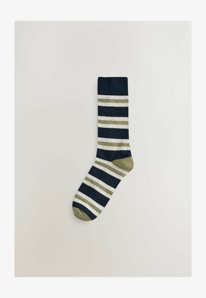 Üks tumesinine sokk, millel on valged ja oliivrohelised horisontaalsed triibud, oliivroheline konts ja varvas, asetatud heledale taustale.